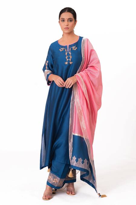 Bhavik Shah Blue Silk, Cotton, Tissue, Silk, Kurta Pant Set With Dupatta Online at Aza Fashions Bhavik Shah_Blue Silk, Cotton, Tissue, Silk, Kurta Pant Set With Dupatta _Online_at_Aza_Fashions