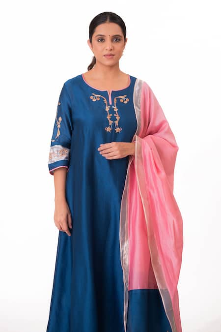 Shop Bhavik Shah Blue Silk, Cotton, Tissue, Silk, Kurta Pant Set With Dupatta Online at Aza Fashions Shop_Bhavik Shah_Blue Silk, Cotton, Tissue, Silk, Kurta Pant Set With Dupatta _Online_at_Aza_Fashions