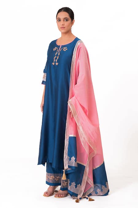 Bhavik Shah Blue Silk, Cotton, Tissue, Silk, Kurta Pant Set With Dupatta at Aza Fashions Bhavik Shah_Blue Silk, Cotton, Tissue, Silk, Kurta Pant Set With Dupatta _at_Aza_Fashions