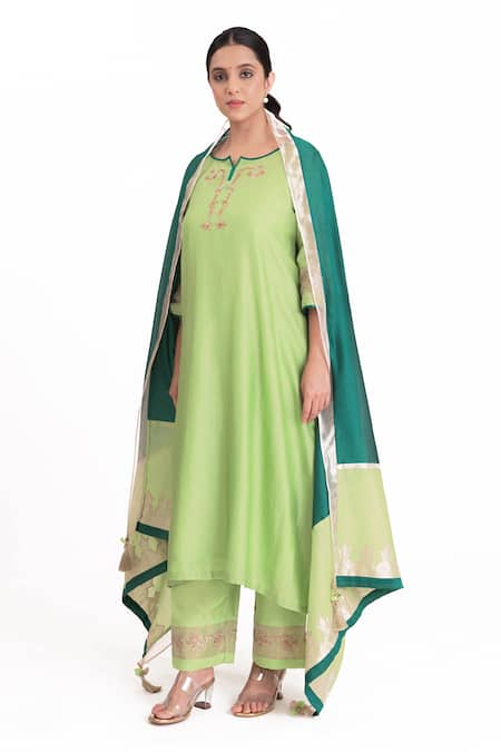 Bhavik Shah Green Kurta Chanderi Silk Embroidered Thread Round Notched Placement Pant Set 