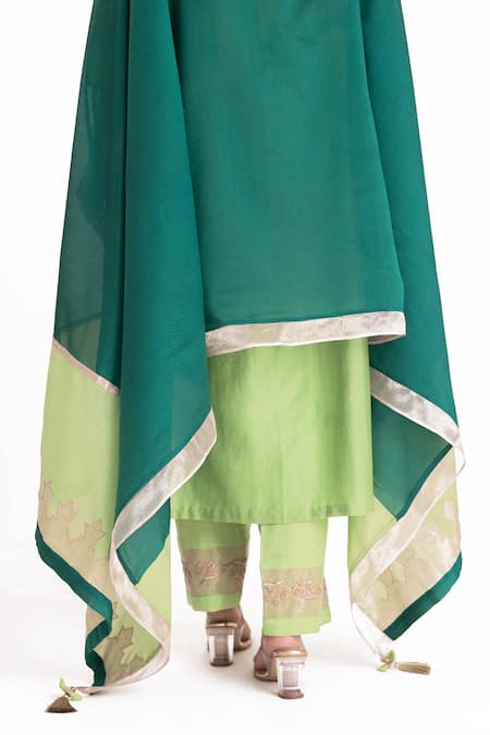 Buy_Bhavik Shah_Green Chanderi Silk, Cotton, Silk, Chanderi, Tissue Placement Kurta Pant Set _Online_at_Aza_Fashions