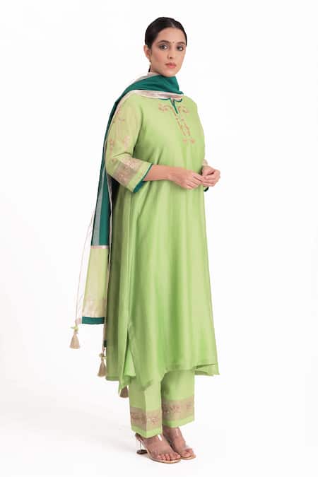 Shop_Bhavik Shah_Green Chanderi Silk, Cotton, Silk, Chanderi, Tissue Placement Kurta Pant Set _Online_at_Aza_Fashions