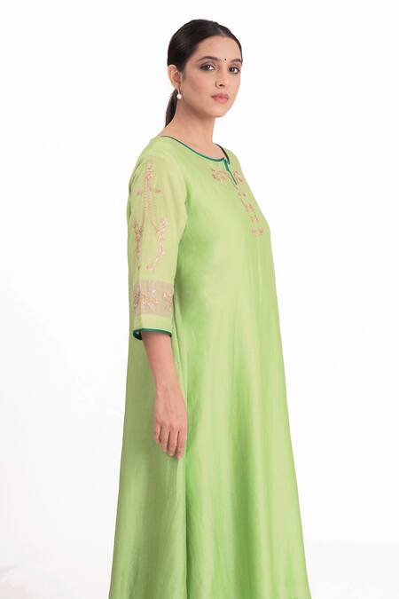 Shop_Bhavik Shah_Green Chanderi Silk, Cotton, Silk, Chanderi, Tissue Placement Kurta Pant Set 