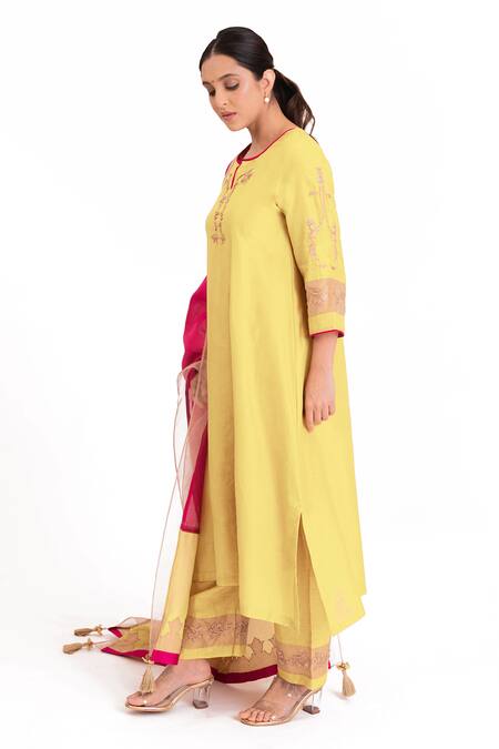 Bhavik Shah_Yellow Chanderi Silk, Cotton, Silk, Chanderi, Tissue Embroidery Kurta Pant Set _Online_at_Aza_Fashions