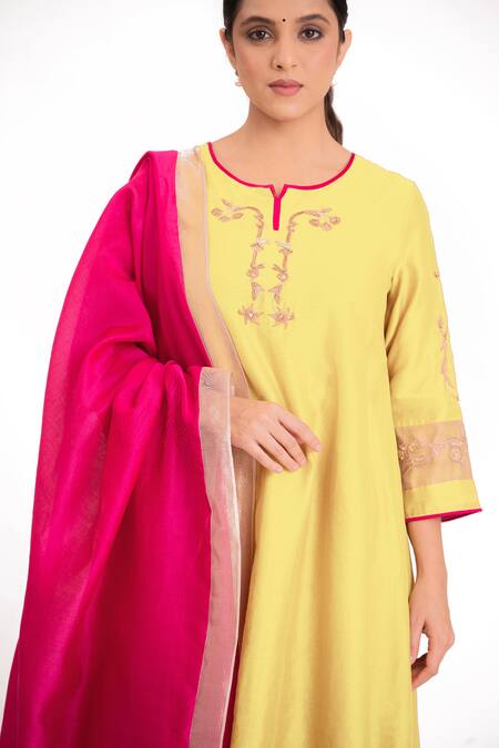 Buy_Bhavik Shah_Yellow Chanderi Silk, Cotton, Silk, Chanderi, Tissue Embroidery Kurta Pant Set _Online_at_Aza_Fashions