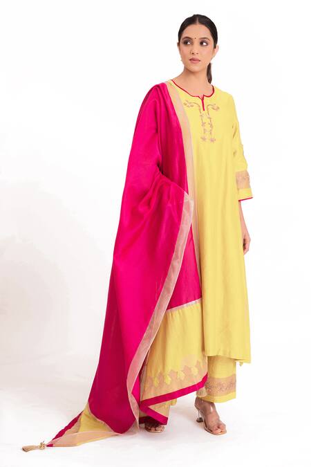 Shop_Bhavik Shah_Yellow Chanderi Silk, Cotton, Silk, Chanderi, Tissue Embroidery Kurta Pant Set _Online_at_Aza_Fashions