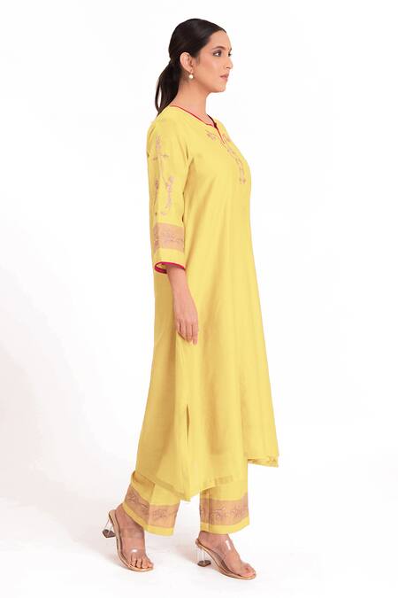Buy_Bhavik Shah_Yellow Chanderi Silk, Cotton, Silk, Chanderi, Tissue Embroidery Kurta Pant Set 