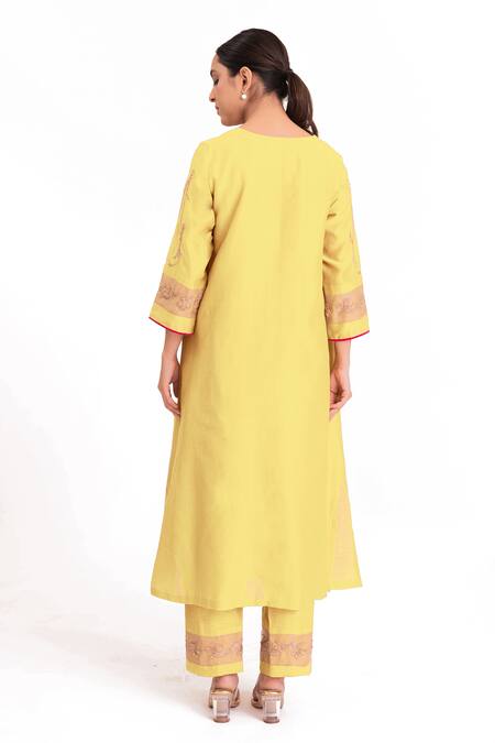 Shop_Bhavik Shah_Yellow Chanderi Silk, Cotton, Silk, Chanderi, Tissue Embroidery Kurta Pant Set 
