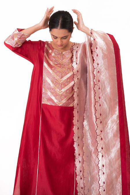 Shop_Bhavik Shah_Red Chanderi Silk, Cotton, Silk, Chanderi, Tissue Yoke Kurta Pant Set _Online_at_Aza_Fashions