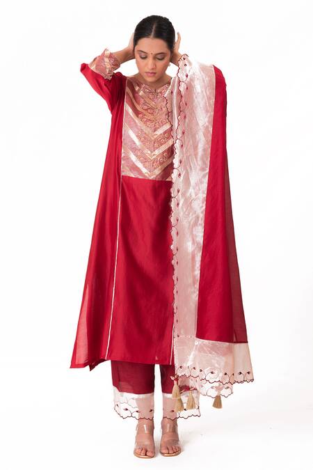 Bhavik Shah_Red Chanderi Silk, Cotton, Silk, Chanderi, Tissue Yoke Kurta Pant Set _at_Aza_Fashions