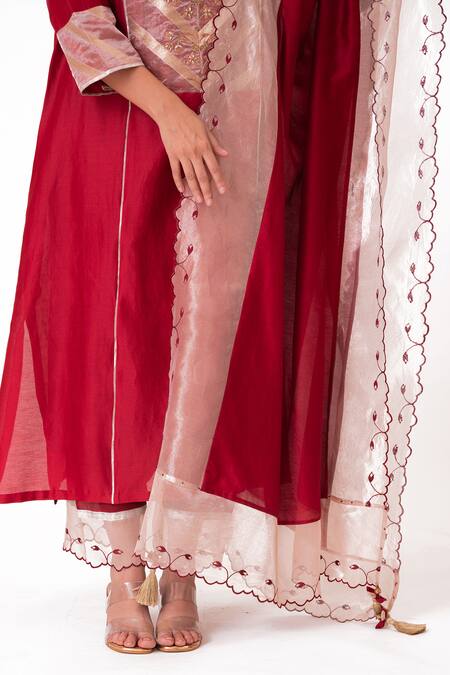 Buy_Bhavik Shah_Red Chanderi Silk, Cotton, Silk, Chanderi, Tissue Yoke Kurta Pant Set 