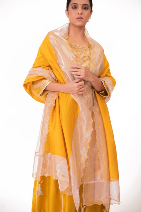Shop_Bhavik Shah_Gold Chanderi Silk, Handloom Cotton, Cotton, Placement Floral Kurta Pant Set 