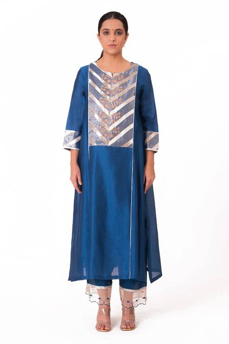 Bhavik Shah_Blue Chanderi Silk, Cotton, Silk, Embroidered Banarasi Yoke Kurta Pant Set _Online_at_Aza_Fashions