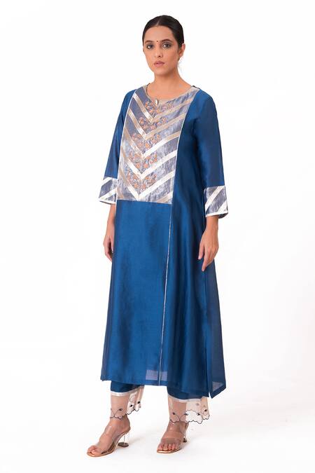 Buy_Bhavik Shah_Blue Chanderi Silk, Cotton, Silk, Embroidered Banarasi Yoke Kurta Pant Set _Online_at_Aza_Fashions