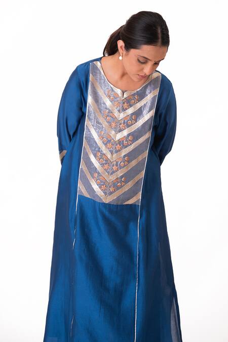 Shop_Bhavik Shah_Blue Chanderi Silk, Cotton, Silk, Embroidered Banarasi Yoke Kurta Pant Set _Online_at_Aza_Fashions