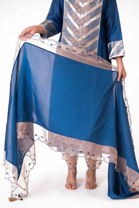 Bhavik Shah_Blue Chanderi Silk, Cotton, Silk, Embroidered Banarasi Yoke Kurta Pant Set _at_Aza_Fashions