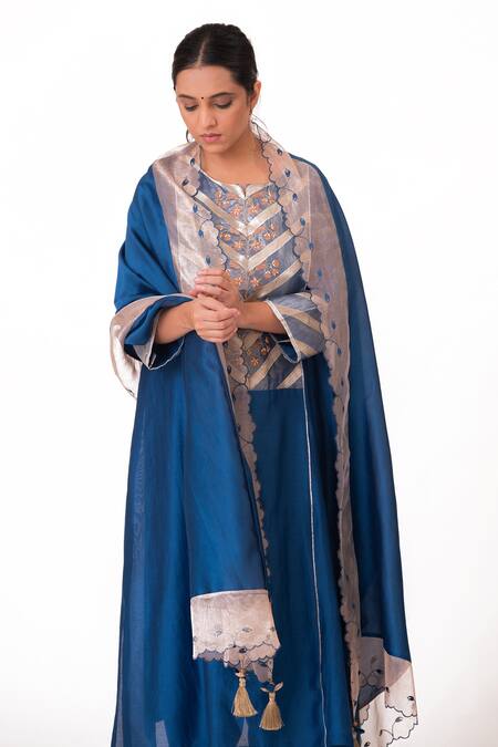Buy_Bhavik Shah_Blue Chanderi Silk, Cotton, Silk, Embroidered Banarasi Yoke Kurta Pant Set 