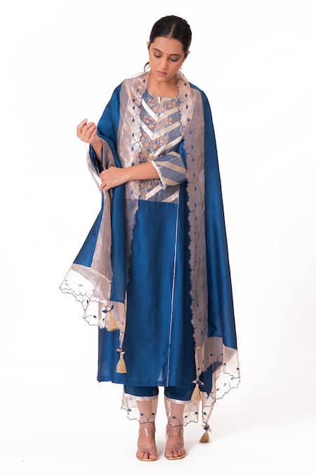 Shop_Bhavik Shah_Blue Chanderi Silk, Cotton, Silk, Embroidered Banarasi Yoke Kurta Pant Set 