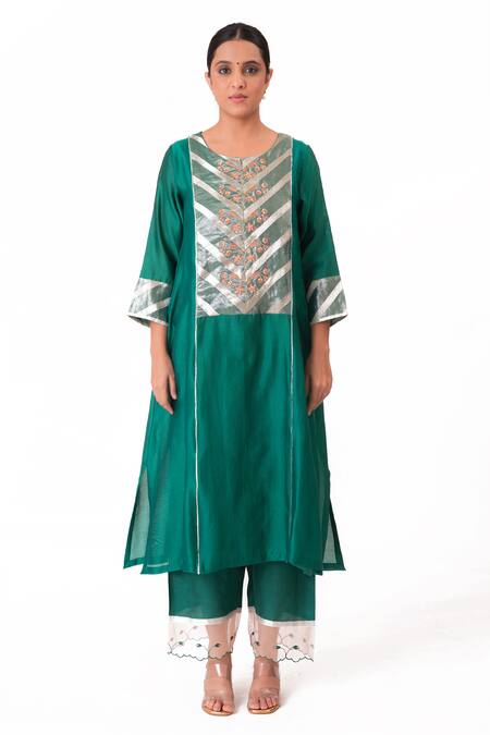 Buy_Bhavik Shah_Green Chanderi Silk, Handloom Cotton, Cotton, Silk, Floral Yoke Kurta Pant Set _Online_at_Aza_Fashions