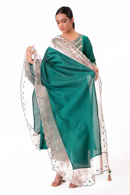 Shop_Bhavik Shah_Green Chanderi Silk, Handloom Cotton, Cotton, Silk, Floral Yoke Kurta Pant Set 