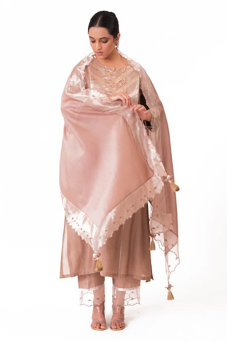 Bhavik Shah_Purple Chanderi Silk, Cotton, Silk, Chanderi, Tissue Floral Work Kurta Pant Set _at_Aza_Fashions