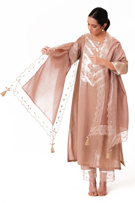 Buy_Bhavik Shah_Purple Chanderi Silk, Cotton, Silk, Chanderi, Tissue Floral Work Kurta Pant Set 