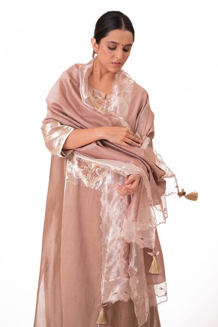 Shop_Bhavik Shah_Purple Chanderi Silk, Cotton, Silk, Chanderi, Tissue Floral Work Kurta Pant Set 