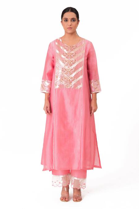 Bhavik Shah_Pink Chanderi Silk, Handloom Cotton, Floral Placement A-line Kurta Pant Set _Online_at_Aza_Fashions