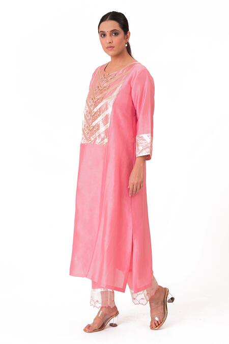Buy_Bhavik Shah_Pink Chanderi Silk, Handloom Cotton, Floral Placement A-line Kurta Pant Set _Online_at_Aza_Fashions