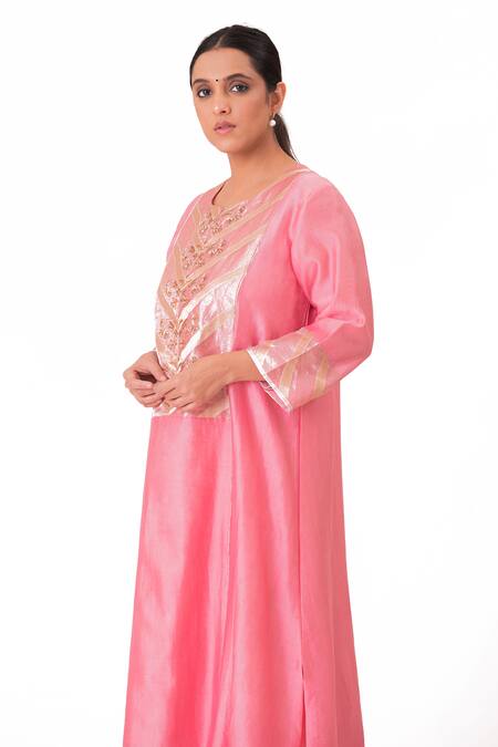 Shop_Bhavik Shah_Pink Chanderi Silk, Handloom Cotton, Floral Placement A-line Kurta Pant Set _Online_at_Aza_Fashions