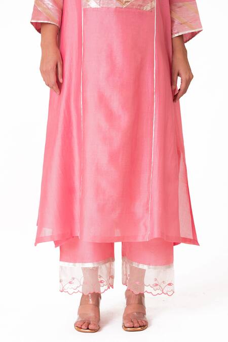 Bhavik Shah_Pink Chanderi Silk, Handloom Cotton, Floral Placement A-line Kurta Pant Set _at_Aza_Fashions