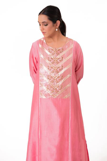 Buy_Bhavik Shah_Pink Chanderi Silk, Handloom Cotton, Floral Placement A-line Kurta Pant Set 
