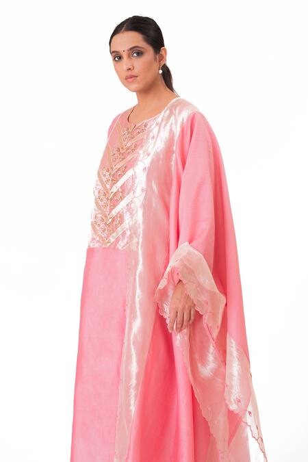 Shop_Bhavik Shah_Pink Chanderi Silk, Handloom Cotton, Floral Placement A-line Kurta Pant Set 