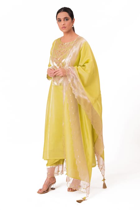 Bhavik Shah_Green Chanderi Silk, Handloom Floral Embroidered Yoke A-line Kurta Pant Set _Online_at_Aza_Fashions