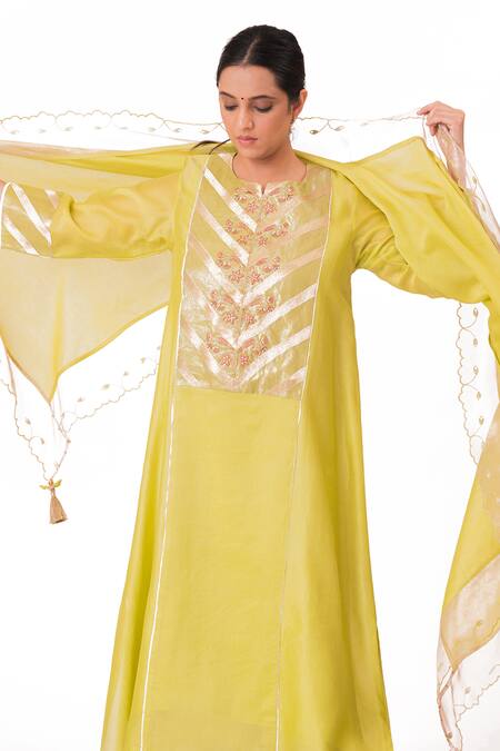 Shop_Bhavik Shah_Green Chanderi Silk, Handloom Floral Embroidered Yoke A-line Kurta Pant Set _Online_at_Aza_Fashions