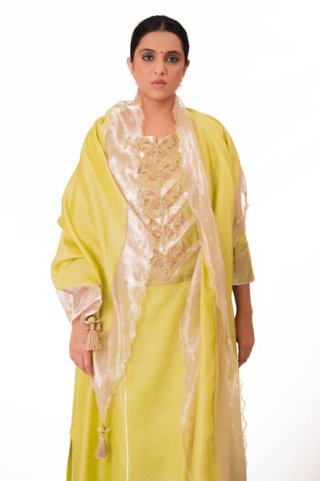 Bhavik Shah_Green Chanderi Silk, Handloom Floral Embroidered Yoke A-line Kurta Pant Set _at_Aza_Fashions