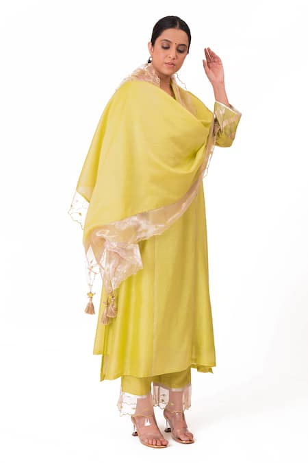 Shop_Bhavik Shah_Green Chanderi Silk, Handloom Floral Embroidered Yoke A-line Kurta Pant Set 