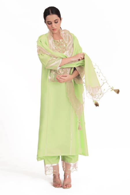 Bhavik Shah Green Kurta Chanderi Silk And Handwoven Banarasi Floral Placement Pant Set 