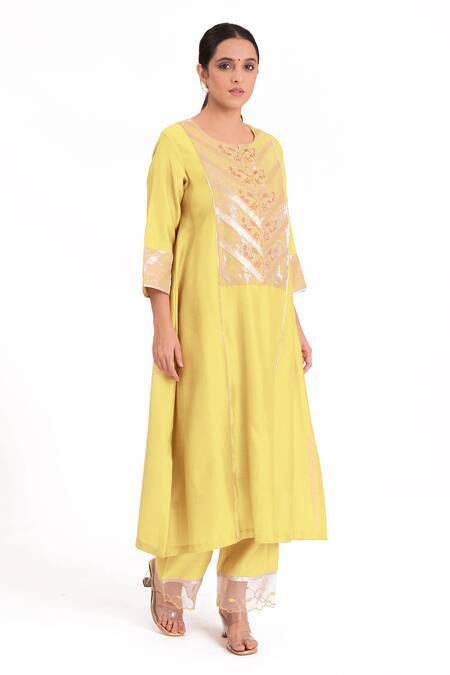 Bhavik Shah Yellow Chanderi Silk, Handloom Cotton, Cotton, Silk, Yoke Kurta Pant Set Online at Aza Fashions Bhavik Shah_Yellow Chanderi Silk, Handloom Cotton, Cotton, Silk, Yoke Kurta Pant Set _Online_at_Aza_Fashions