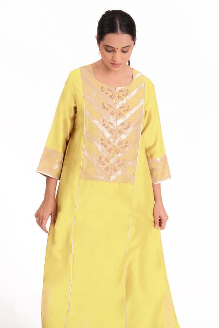Buy Bhavik Shah Yellow Chanderi Silk, Handloom Cotton, Cotton, Silk, Yoke Kurta Pant Set Online at Aza Fashions Buy_Bhavik Shah_Yellow Chanderi Silk, Handloom Cotton, Cotton, Silk, Yoke Kurta Pant Set _Online_at_Aza_Fashions