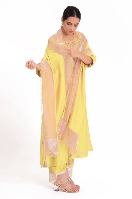 Buy Bhavik Shah Yellow Chanderi Silk, Handloom Cotton, Cotton, Silk, Yoke Kurta Pant Set Buy_Bhavik Shah_Yellow Chanderi Silk, Handloom Cotton, Cotton, Silk, Yoke Kurta Pant Set