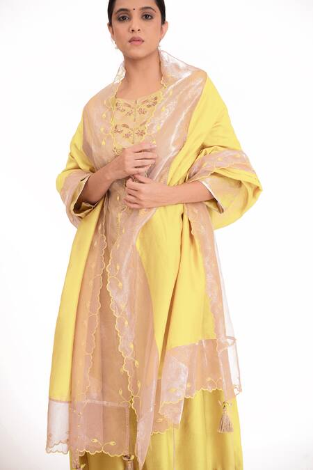Shop Bhavik Shah Yellow Chanderi Silk, Handloom Cotton, Cotton, Silk, Yoke Kurta Pant Set Shop_Bhavik Shah_Yellow Chanderi Silk, Handloom Cotton, Cotton, Silk, Yoke Kurta Pant Set