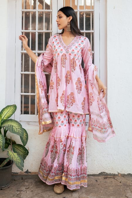 Maison Shefali_Pink Crepe, Cotton Gota Patti, Zari Persian Blossom Print Kurta Sharara Set _Online_at_Aza_Fashions