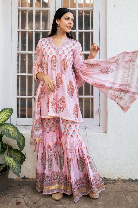 Buy_Maison Shefali_Pink Crepe, Cotton Gota Patti, Zari Persian Blossom Print Kurta Sharara Set _Online_at_Aza_Fashions