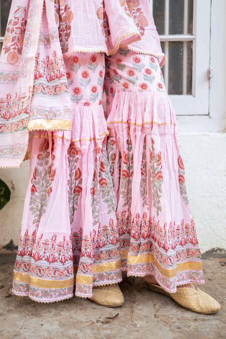 Shop_Maison Shefali_Pink Crepe, Cotton Gota Patti, Zari Persian Blossom Print Kurta Sharara Set _Online_at_Aza_Fashions