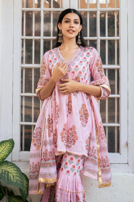 Maison Shefali_Pink Crepe, Cotton Gota Patti, Zari Persian Blossom Print Kurta Sharara Set _at_Aza_Fashions