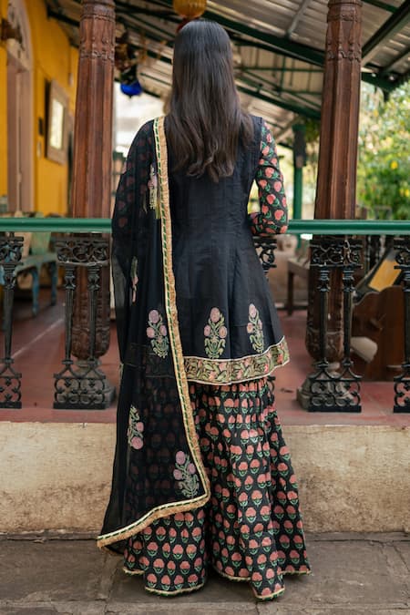 Shop Maison Shefali Black Cotton, Chiffon, Muslin Gota Wild Bloom Print Short Kurta Sharara Set at Aza Fashions Shop_Maison Shefali_Black Cotton, Chiffon, Muslin Gota Wild Bloom Print Short Kurta Sharara Set_at_Aza_Fashions
