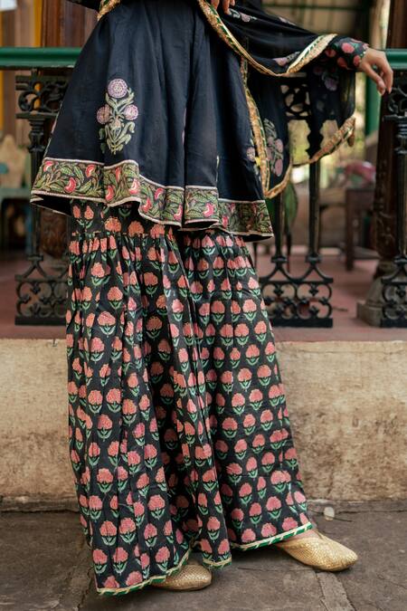 Buy Maison Shefali Black Cotton, Chiffon, Muslin Gota Wild Bloom Print Short Kurta Sharara Set Online at Aza Fashions Buy_Maison Shefali_Black Cotton, Chiffon, Muslin Gota Wild Bloom Print Short Kurta Sharara Set_Online_at_Aza_Fashions