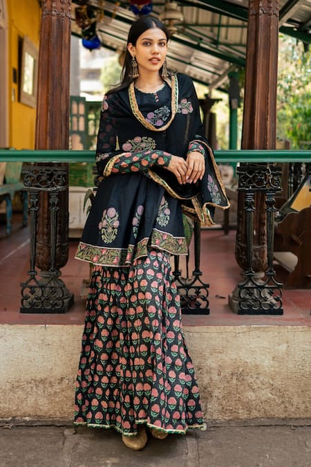 Shop Maison Shefali Black Cotton, Chiffon, Muslin Gota Wild Bloom Print Short Kurta Sharara Set Online at Aza Fashions Shop_Maison Shefali_Black Cotton, Chiffon, Muslin Gota Wild Bloom Print Short Kurta Sharara Set_Online_at_Aza_Fashions
