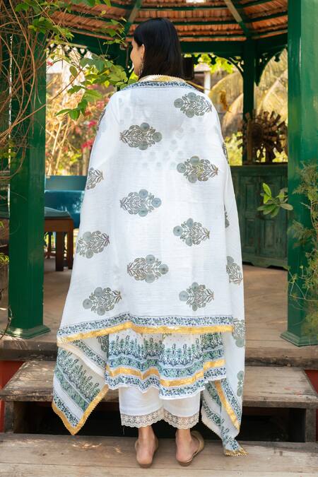 Shop Maison Shefali Blue Cotton, Muslin Gota Patti, Lace, Mughal Damask Bloom Print Anarkali Set at Aza Fashions Shop_Maison Shefali_Blue Cotton, Muslin Gota Patti, Lace, Mughal Damask Bloom Print Anarkali Set_at_Aza_Fashions